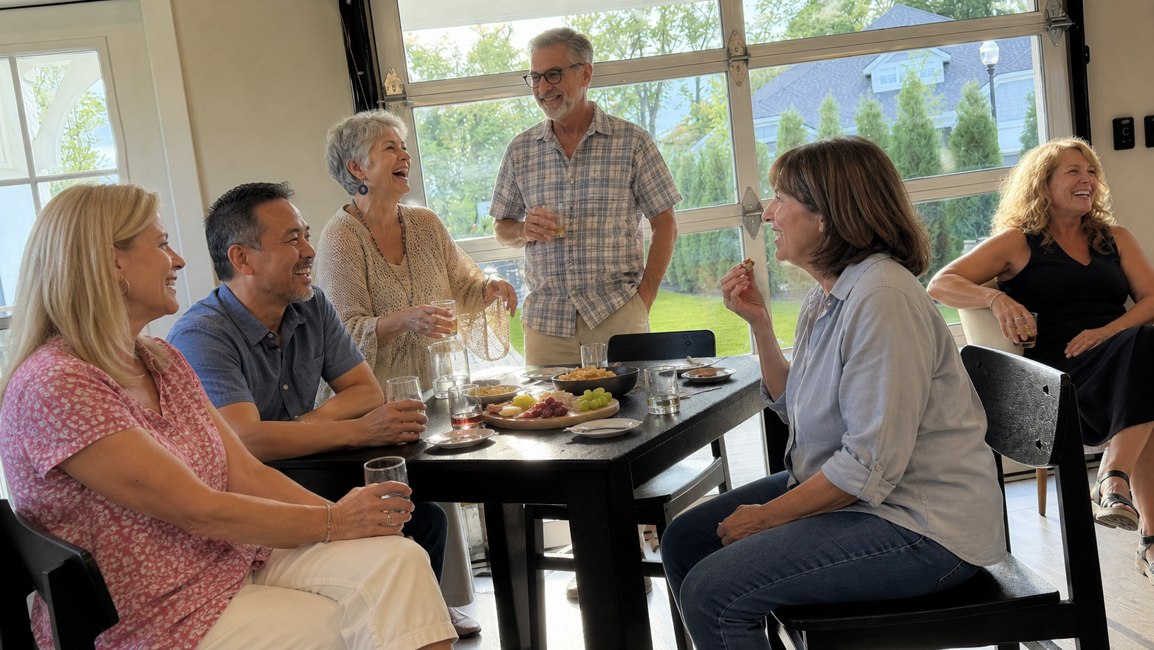 Neighbors gathered around a table, laughing and sharing food together